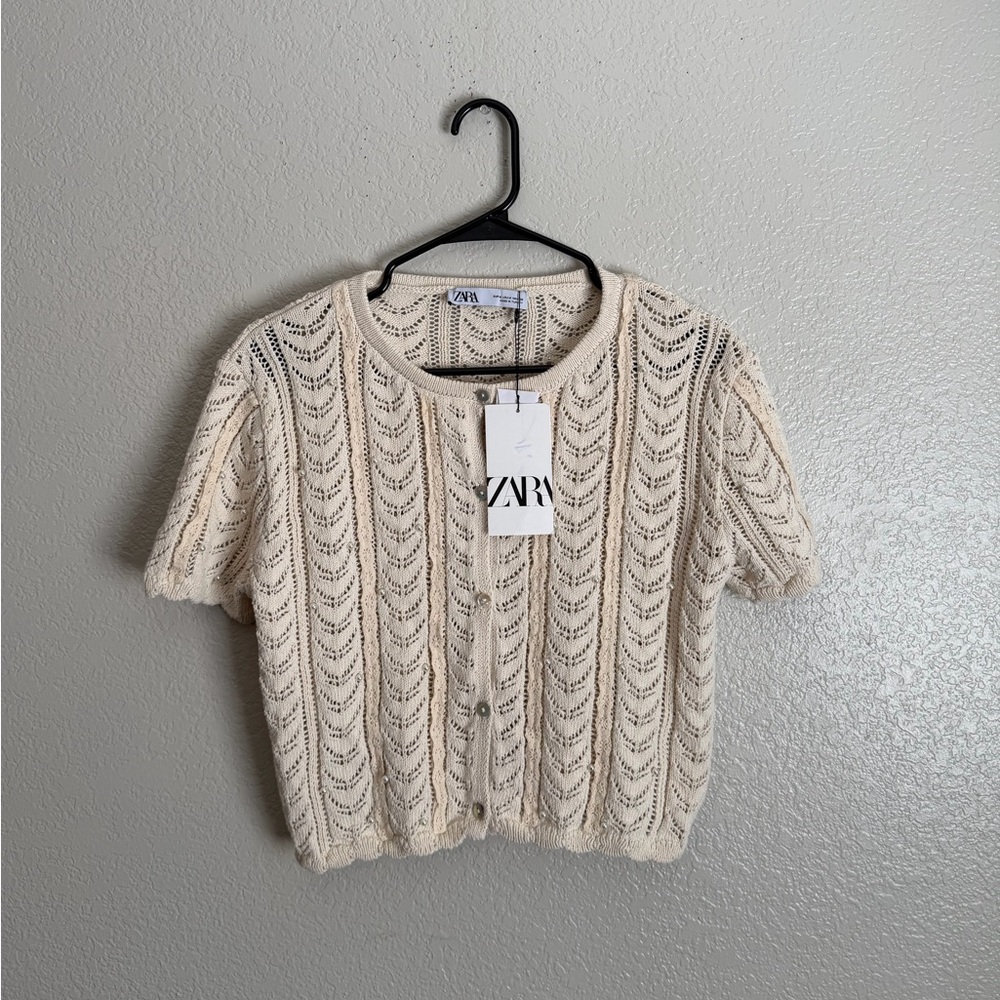 Zara Cream Openwork Short-Sleeve Cardigan